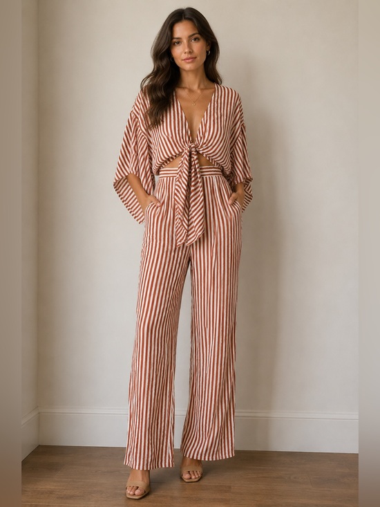 Faithfull the Brand Pants - Faithfull The Brand Striped Cutout Tie Front Wide Leg Resort Jumpsuit size 2